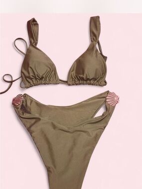 Olive Green Shell-Trim Triangle Bikini - Women Swim